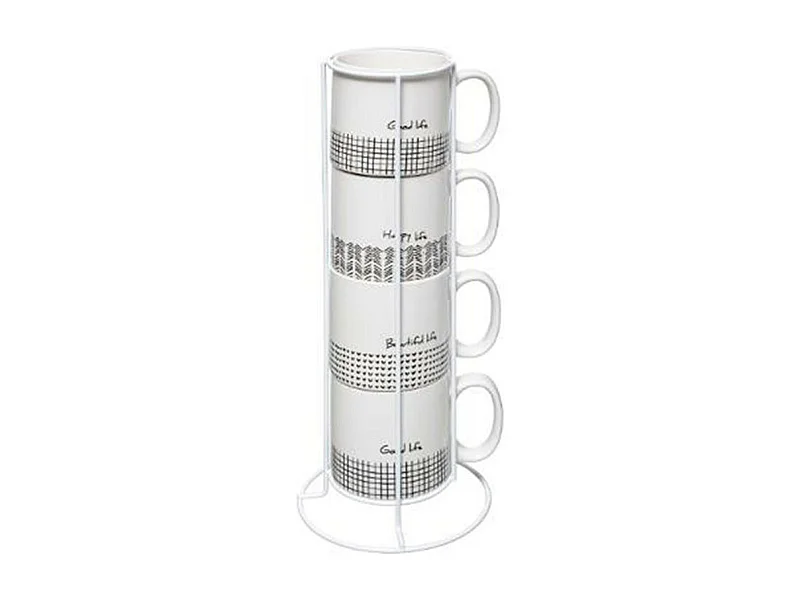 Lot de 4 Mugs & Rack Design "Life" 24cl Blanc