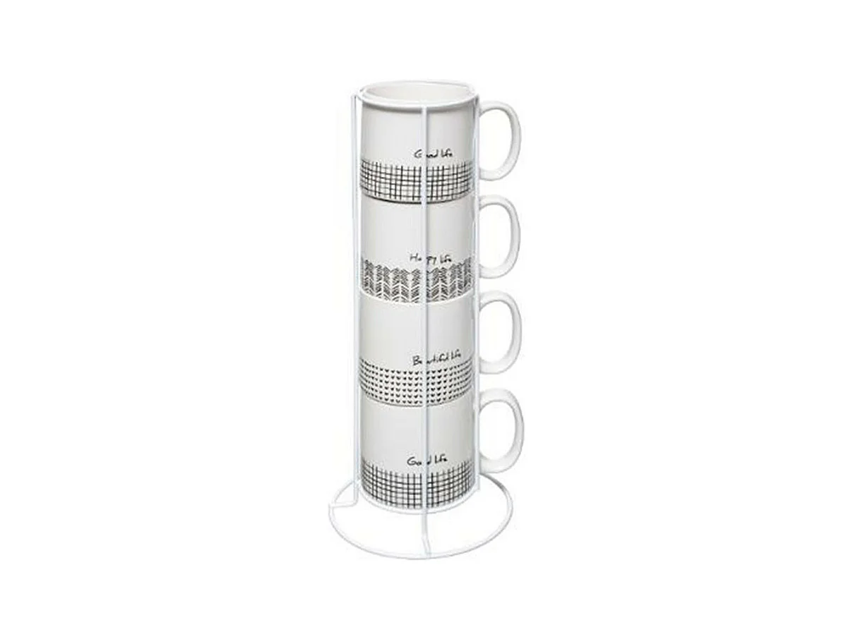 Lot de 4 Mugs & Rack Design "Life" 24cl Blanc