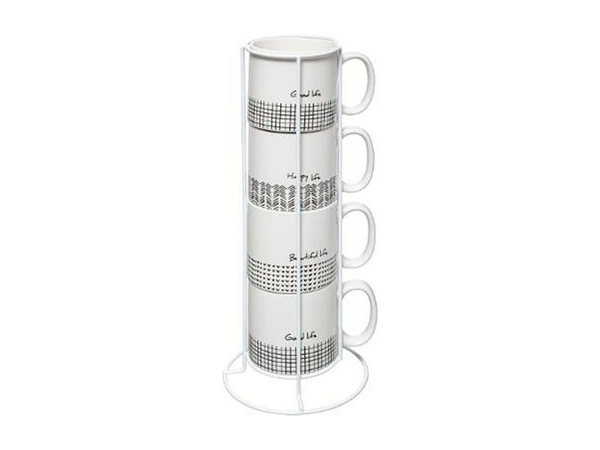 Lot de 4 Mugs & Rack Design "Life" 24cl Blanc