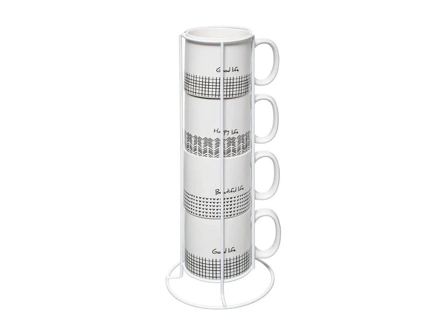 Lot de 4 Mugs & Rack Design "Life" 24cl Blanc