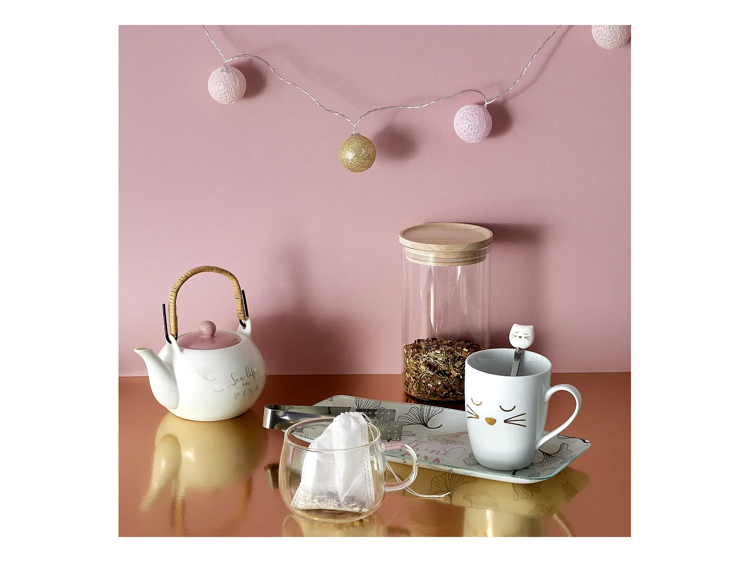 Mug Avec Cuillere Chat Blanc, Or