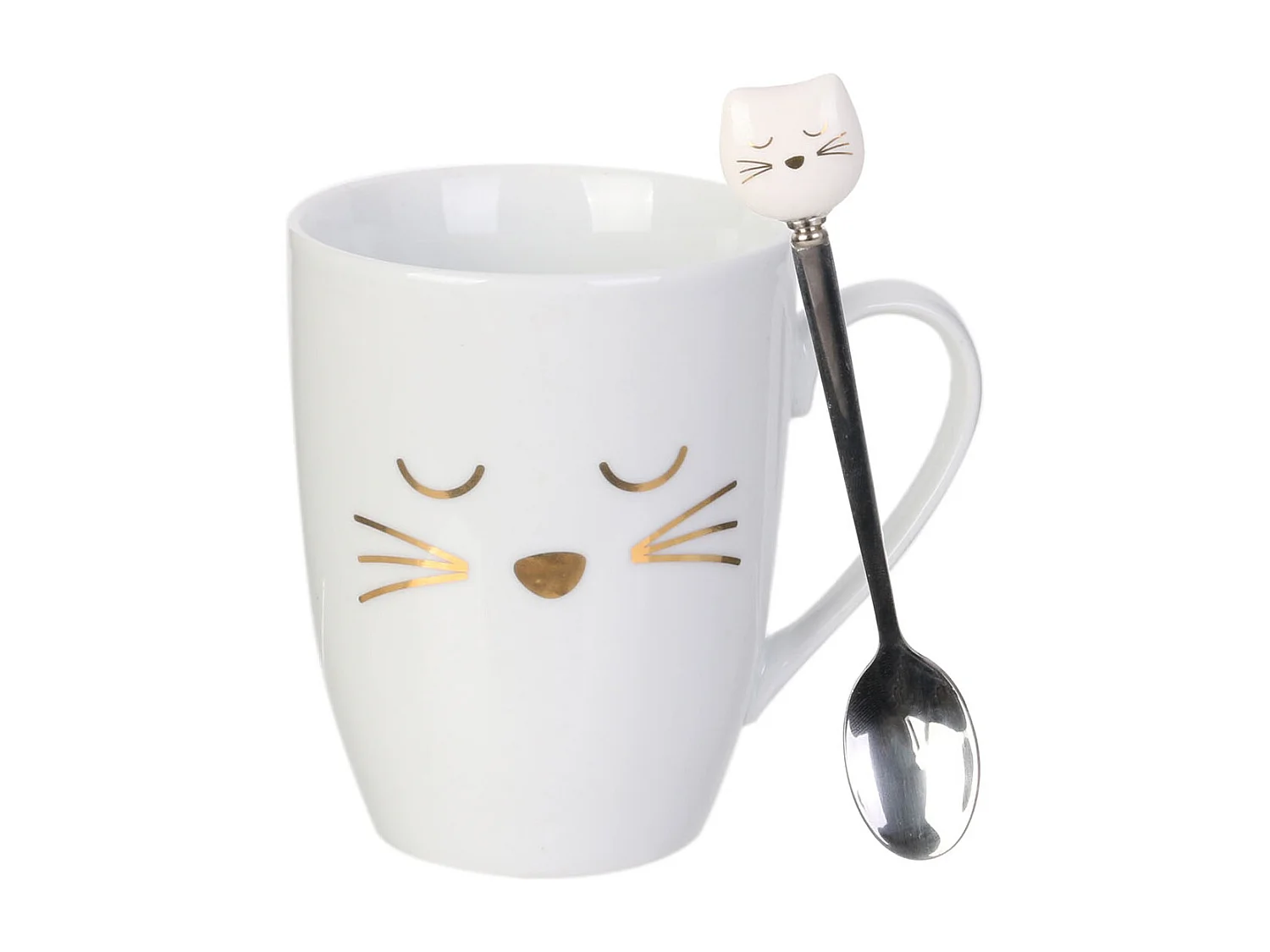 Mug Avec Cuillere Chat Kawaii Blanc, Or