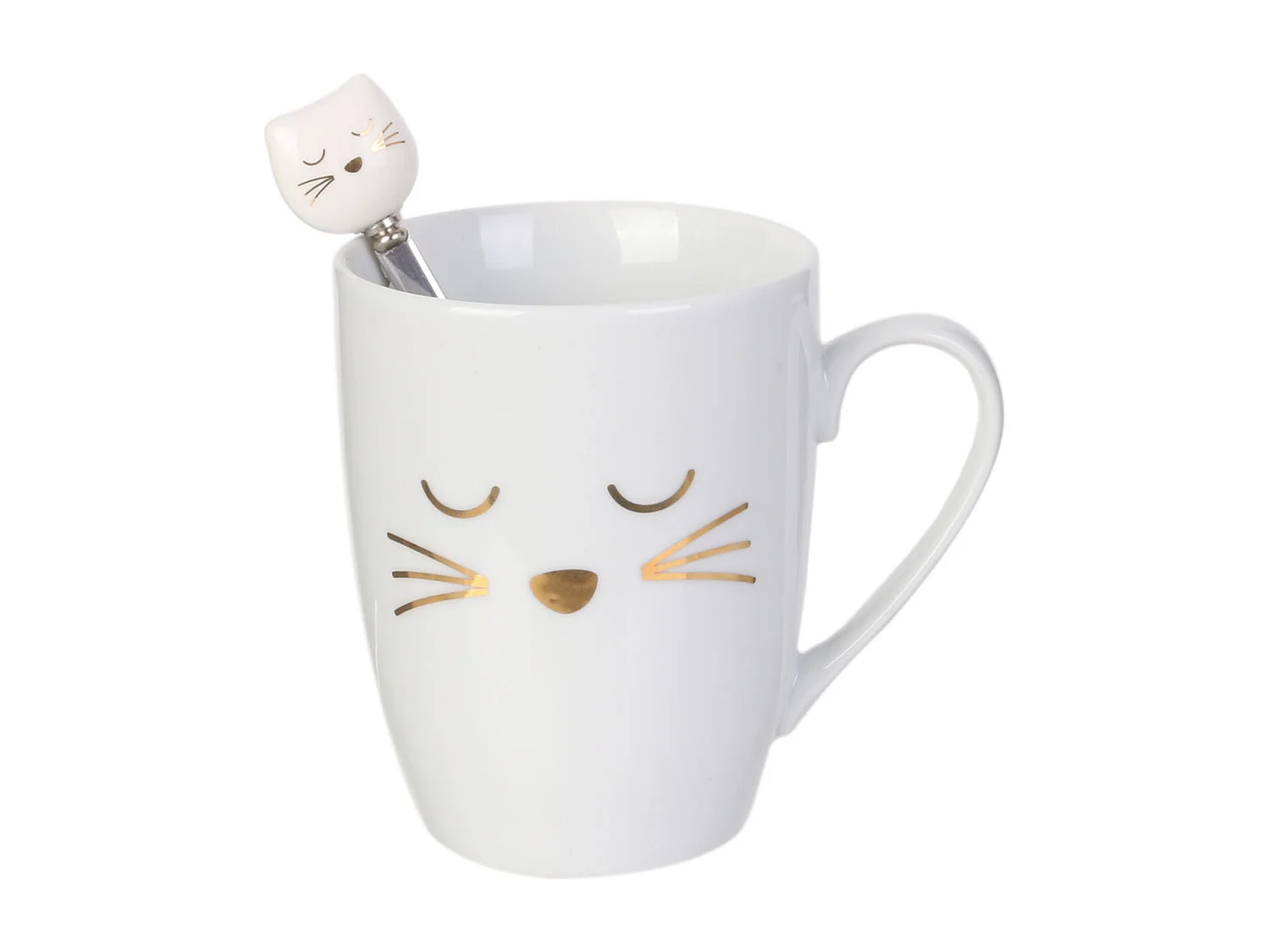 Mug Avec Cuillere Chat Kawaii Blanc, Or