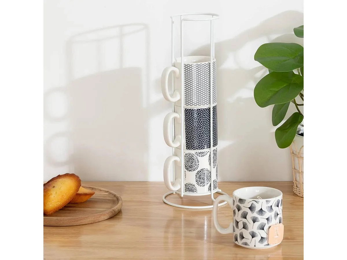 Lot de 4 Mugs & Rack "Japan" 26cl Blanc