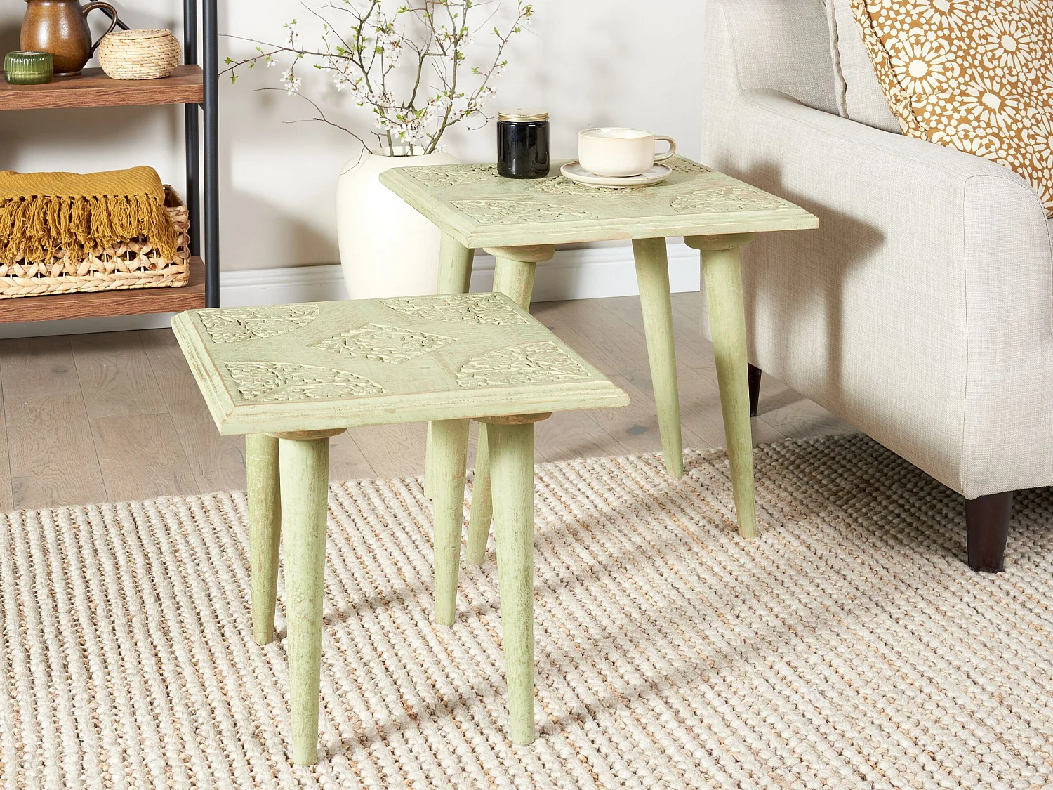 Zestaw 2 stolików pomocniczych BELIDHA Drewno mango Jasnozielony
