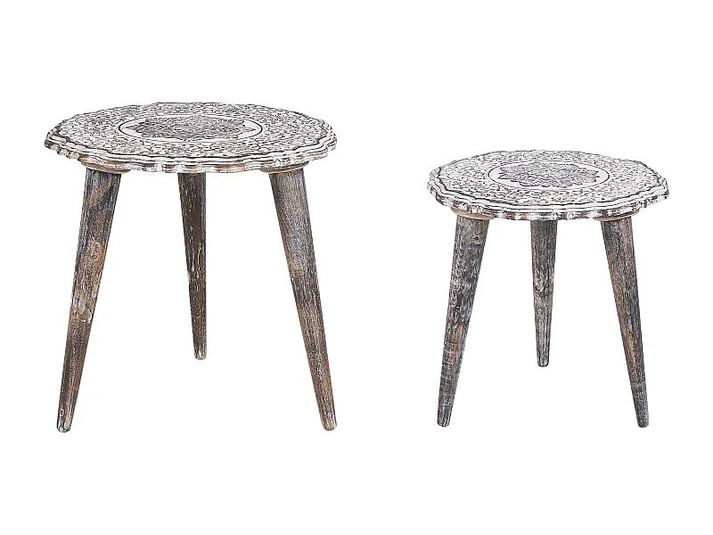 Beistelltisch 2er Set Mango Holz dunkelbraun / weiß rund dreibeinig Adro