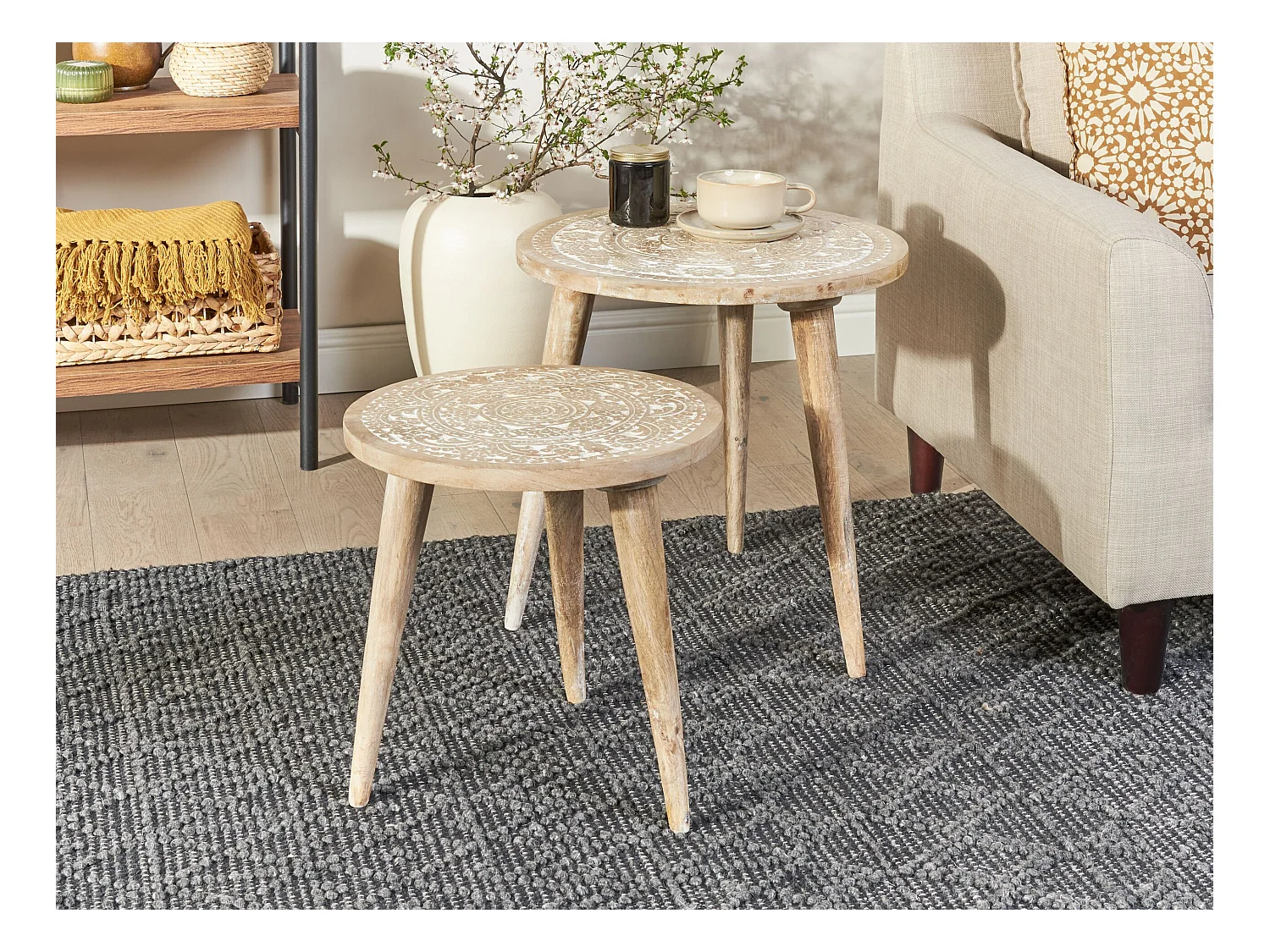 Lot de 2 tables d'appoint UDAY Bois de manguier Blanc