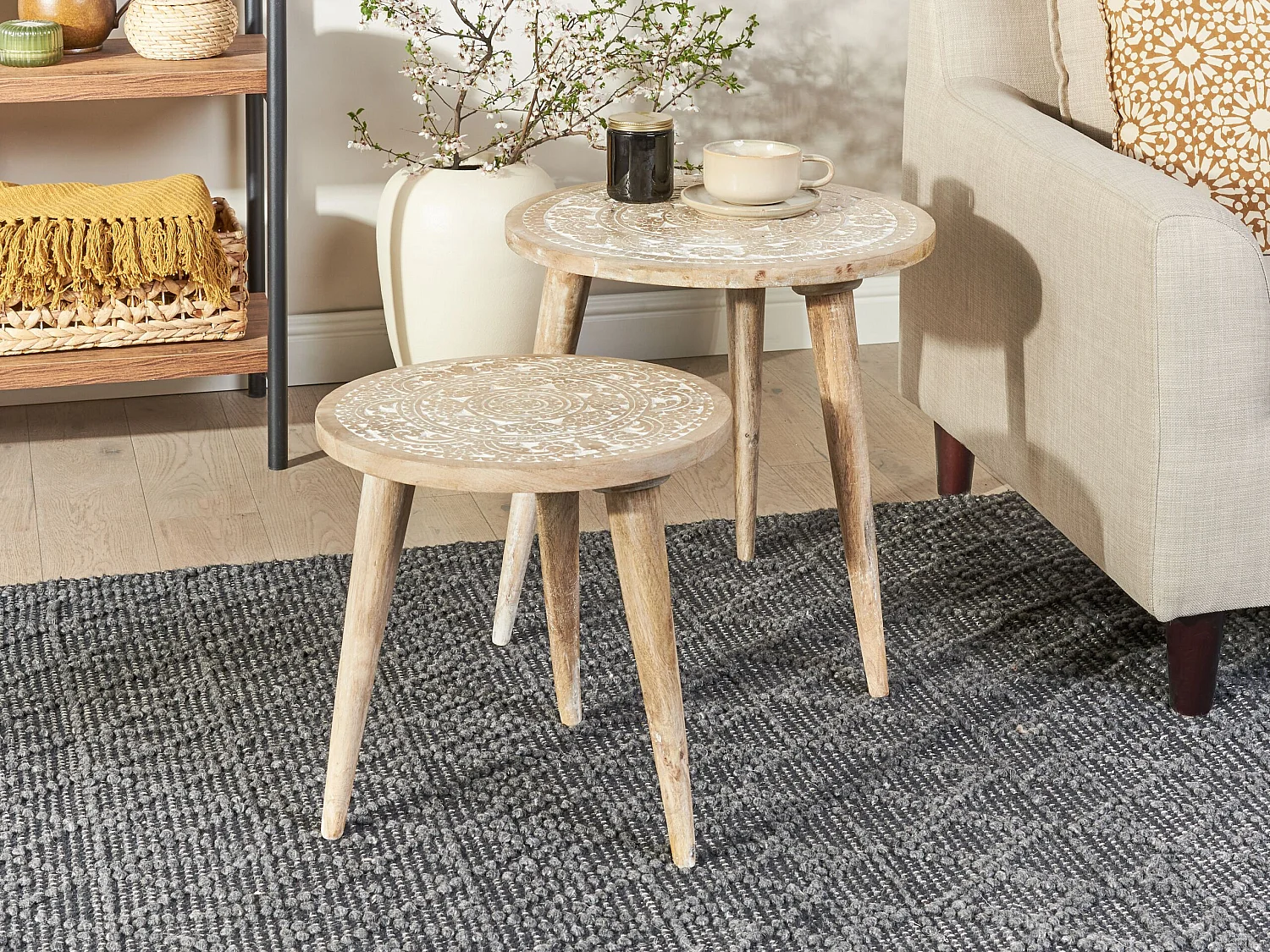 Lot de 2 tables d'appoint UDAY Bois de manguier Blanc