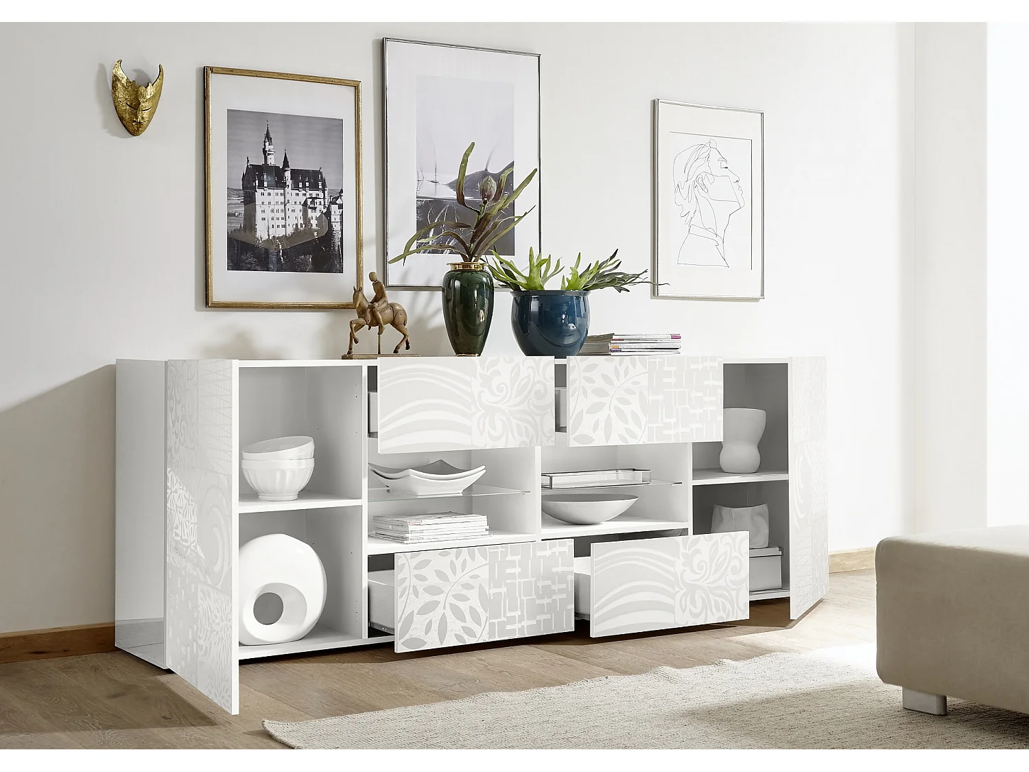 Buffet MIREL Blanc 2 portes 4 tiroirs 241 cm