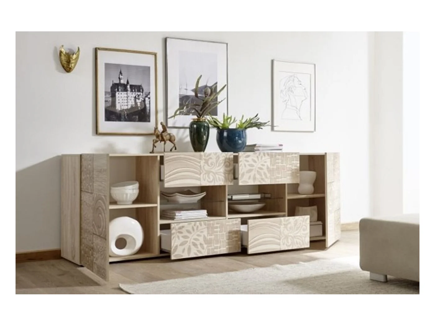 Buffet MIREL chêne 2 portes 4 tiroirs 241 cm