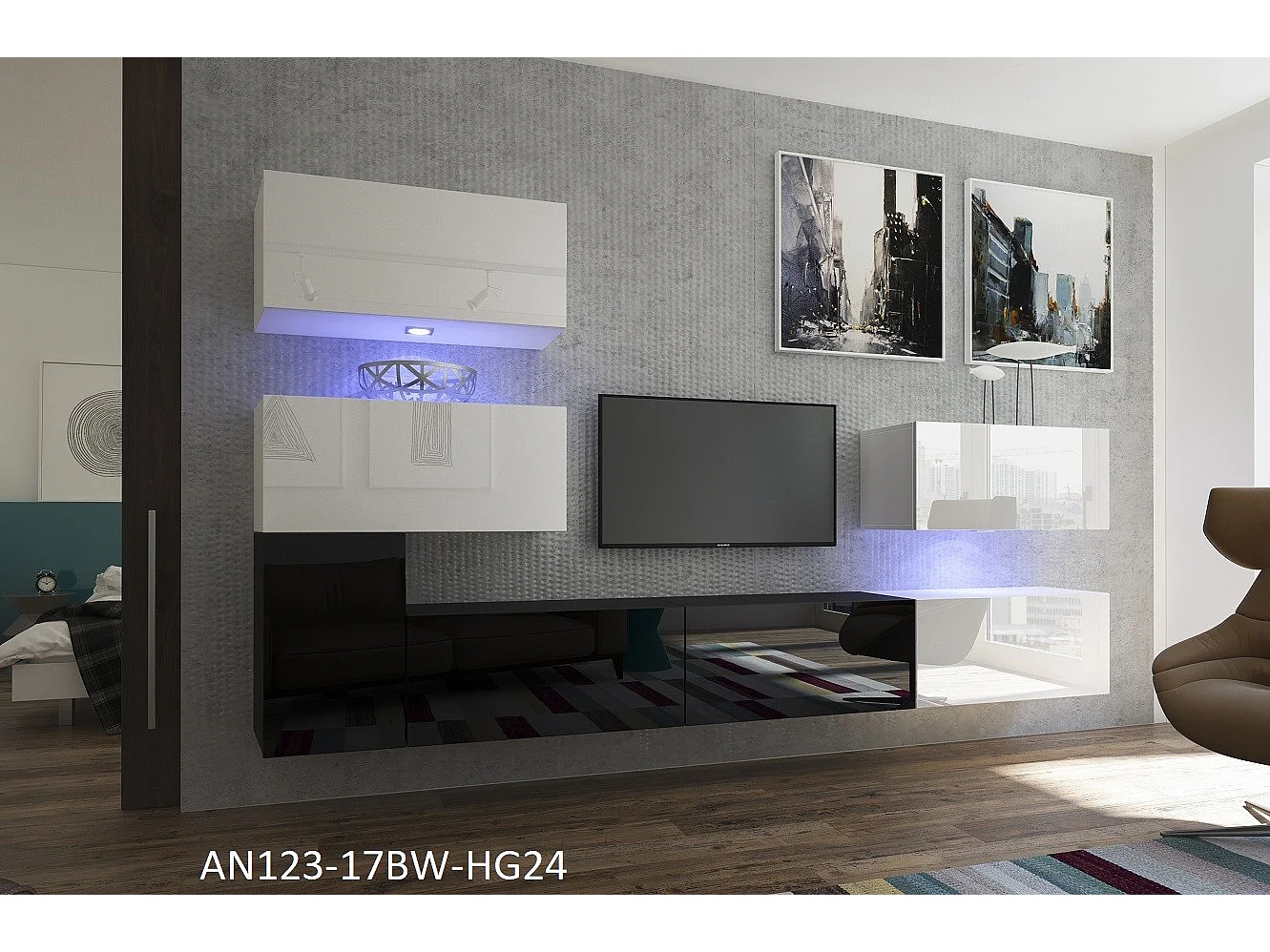 Ensemble meuble TV NEXT 123 AN123-17BW-HG24-1A blanc-noir brillant 286 cm