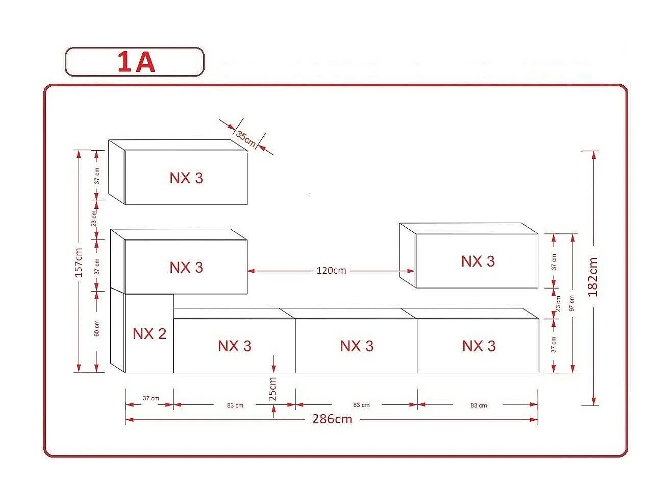 Ensemble meuble TV NEXT 123 AN123-17BW-HG24-1A blanc-noir brillant 286 cm