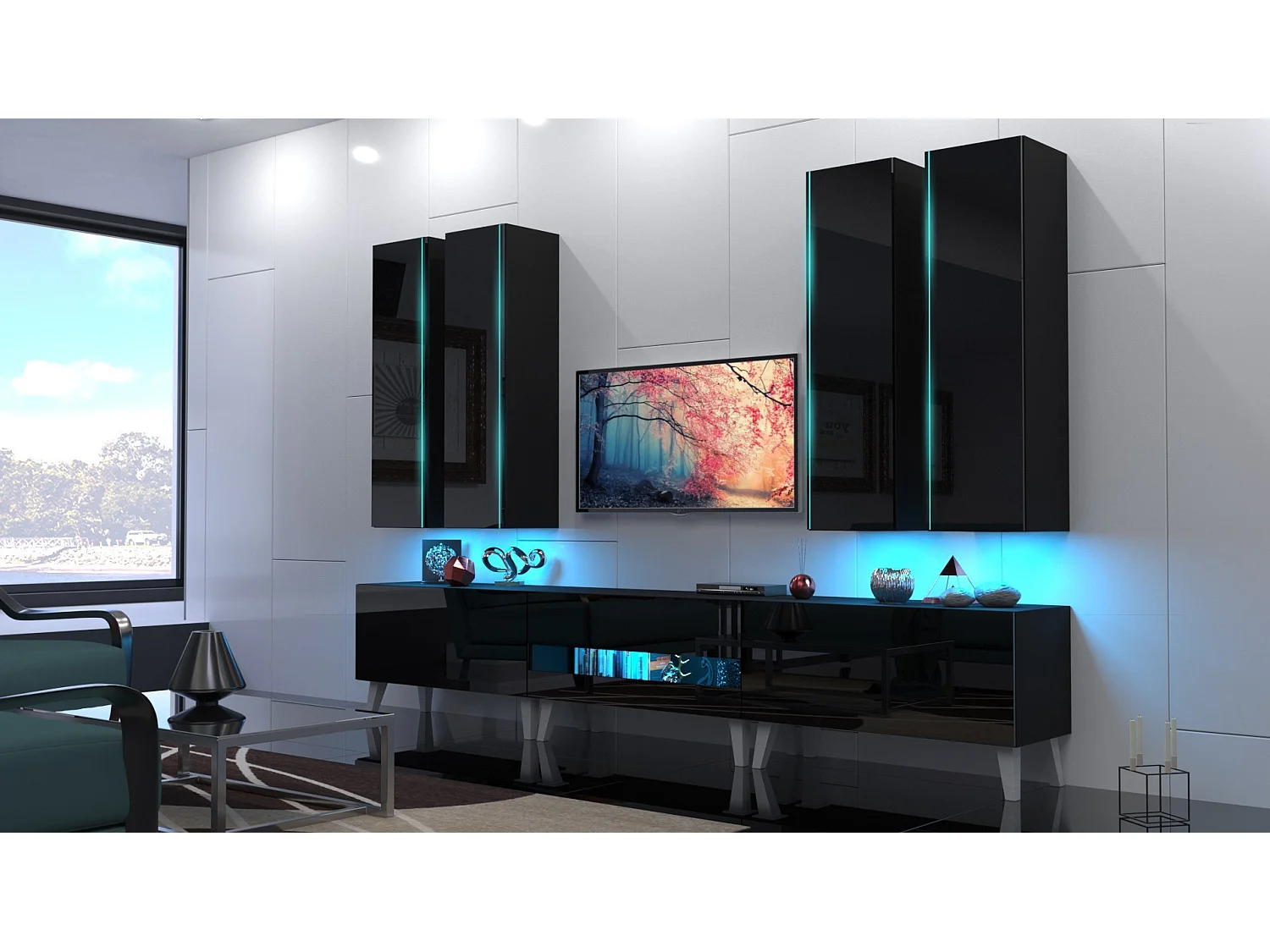 Ensemble meuble TV NEXT 52 AN52-18B-HG1 noir brillant 273 cm