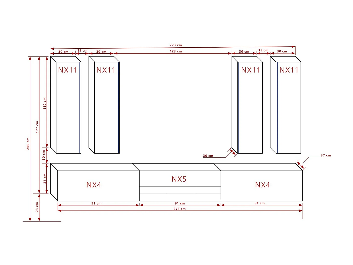 Ensemble meuble TV NEXT 52 AN52-18B-HG1 noir brillant 273 cm