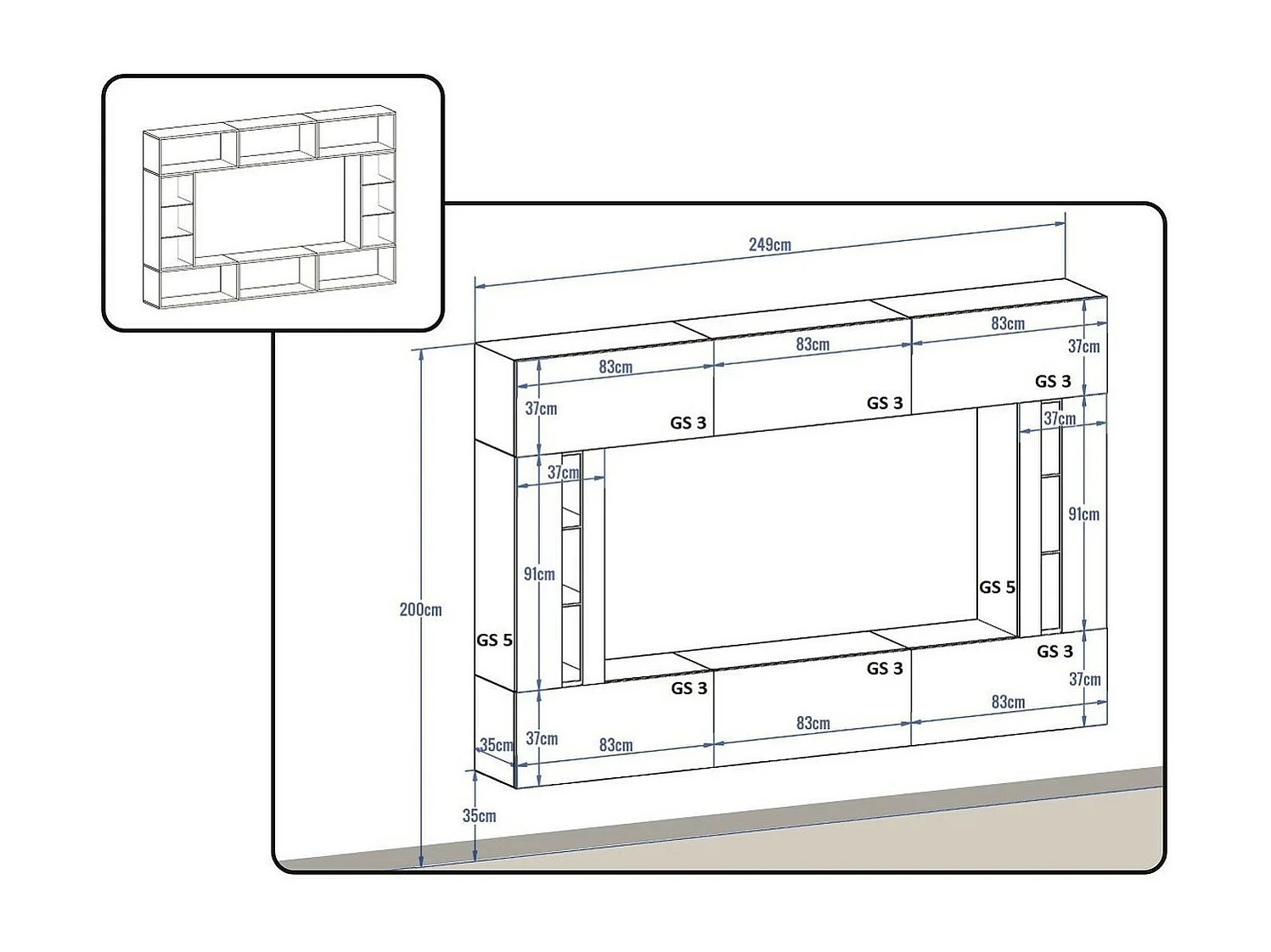 Ensemble meuble TV CONCEPT 28-28-HG-B-1-1A noir brillant 249 cm
