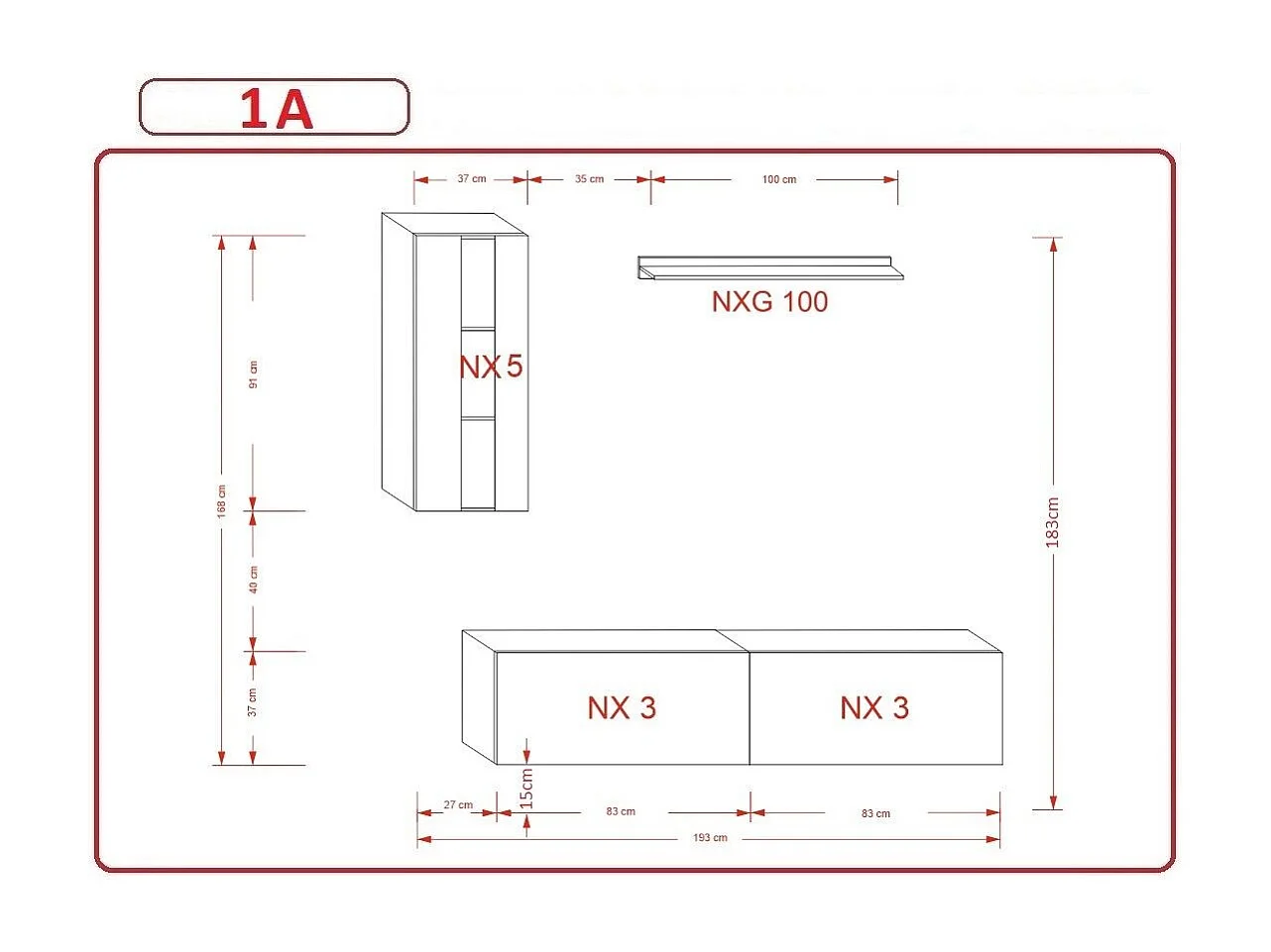 Ensemble meuble TV NEXT 271 AN271-17B-HG20-1A noir brillant 193 cm