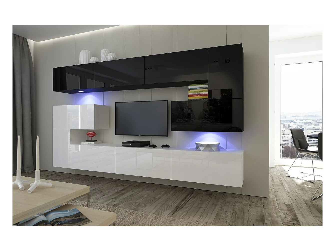 Ensemble meuble TV NEXT 3 AN3-17BW-HG22-1A blanc-noir brillant 263 cm