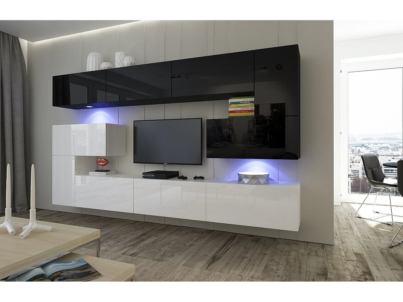 Ensemble meuble TV NEXT 3 AN3-17BW-HG22-1A blanc-noir brillant 263 cm