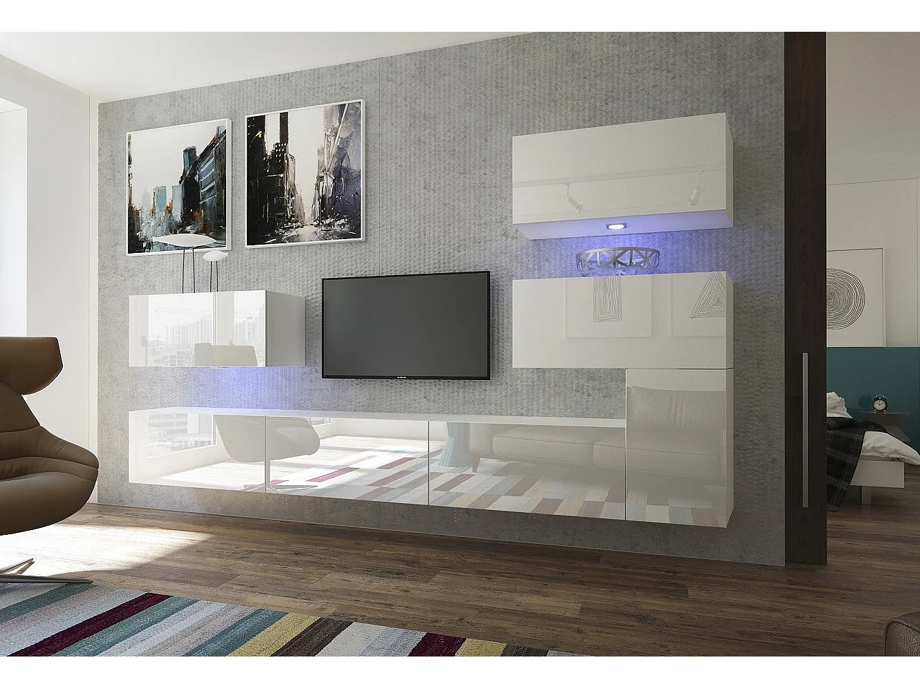 Ensemble meuble TV NEXT 123 AN123-17W-HG21-1A blanc brillant 286 cm