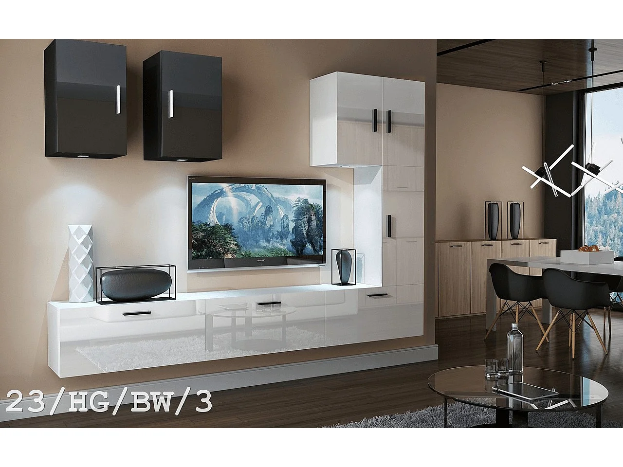 Ensemble meuble TV CONCEPT 23-23-HG-BW-5 blanc-noir brillant 249 cm