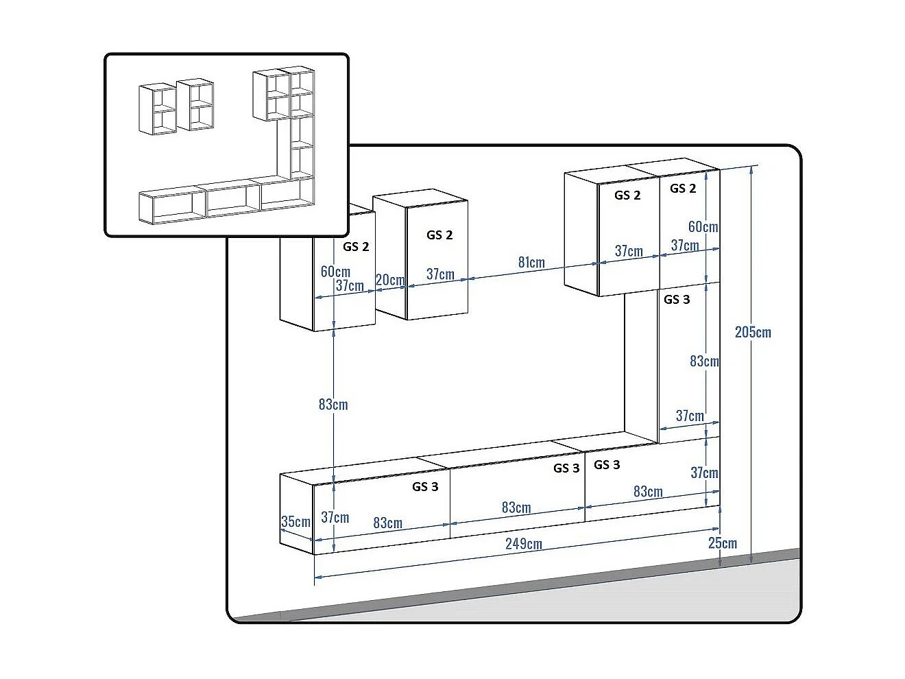 Ensemble meuble TV CONCEPT 23-23-HG-BW-5 blanc-noir brillant 249 cm