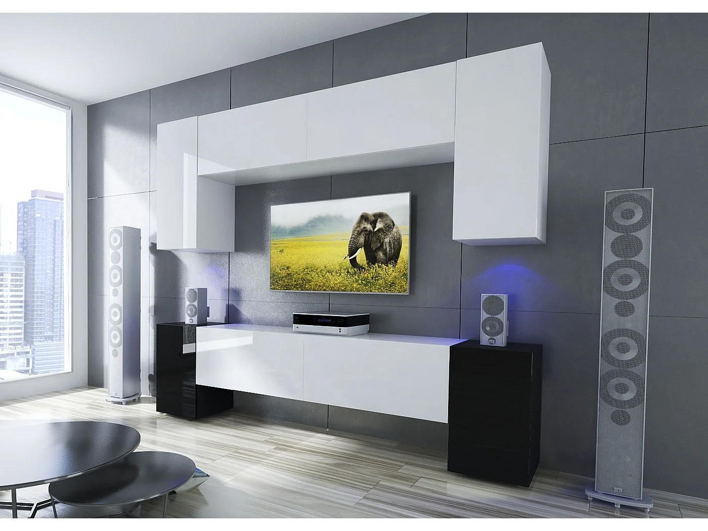 Ensemble meuble TV NEXT 33 AN33-17WB-HG23-1A blanc-noir brillant 240 cm
