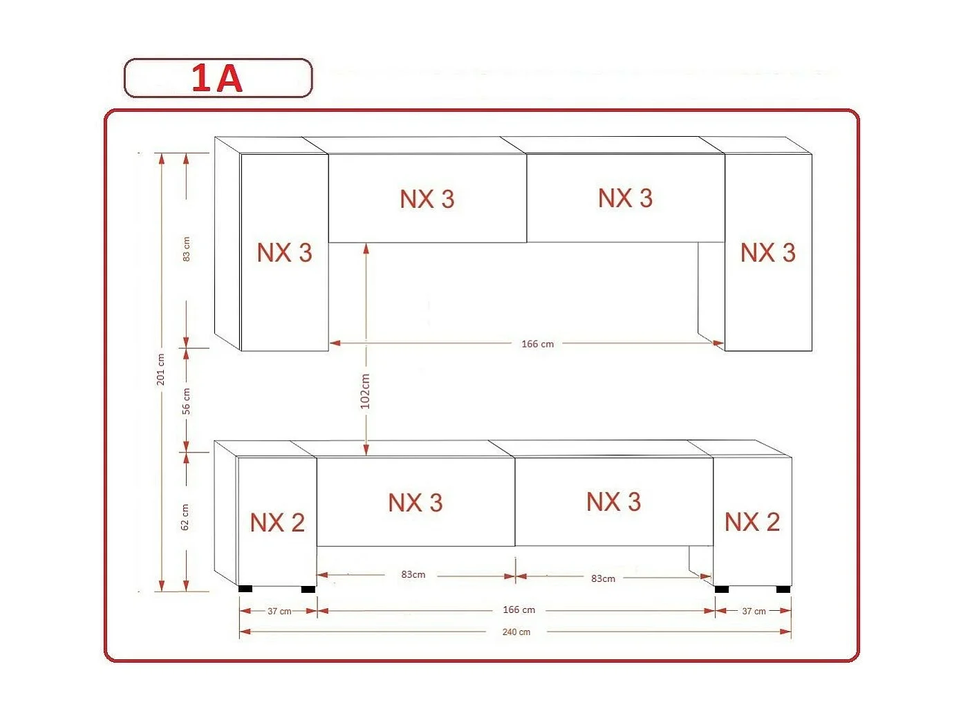 Ensemble meuble TV NEXT 33 AN33-17WB-HG23-1A blanc-noir brillant 240 cm