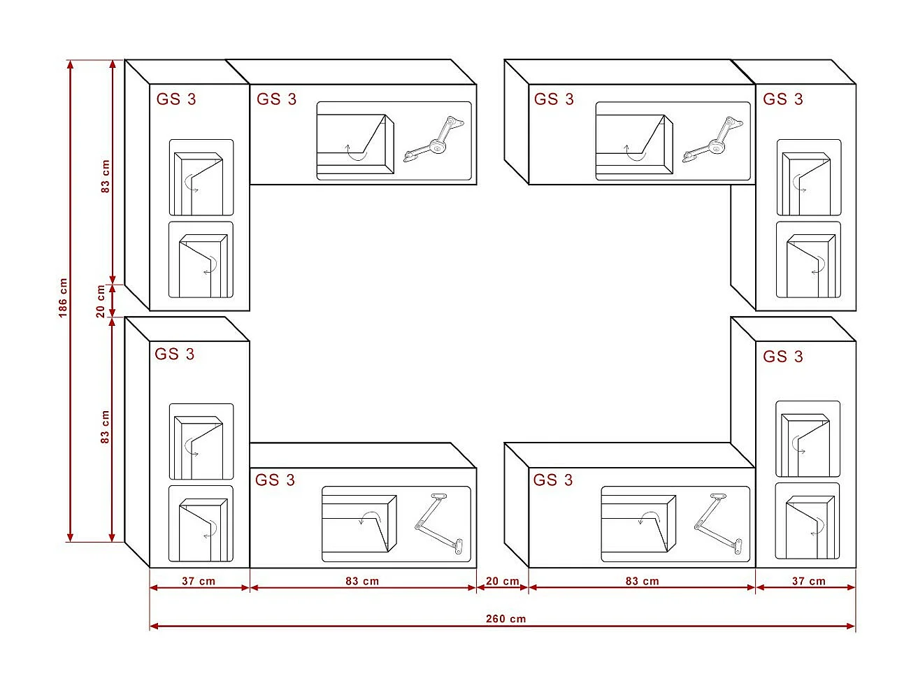 Ensemble meuble TV CONCEPT 20-20-HG-W-2 1A blanc brillant 260 cm