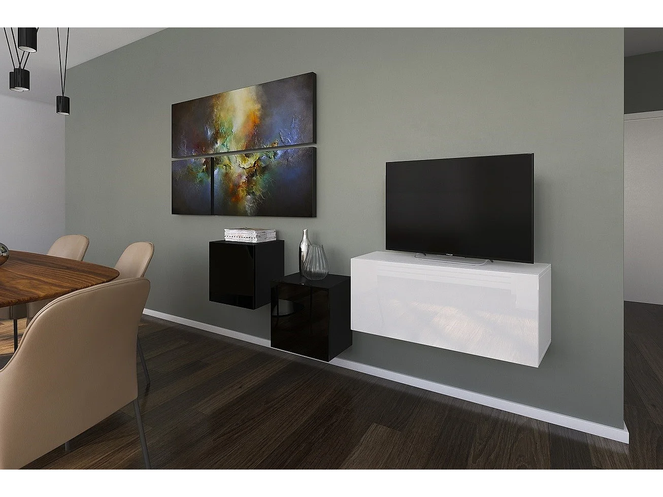 Ensemble meuble TV NEXT 263 AN263-17BW-HG24-1A blanc-noir brillant 191 cm