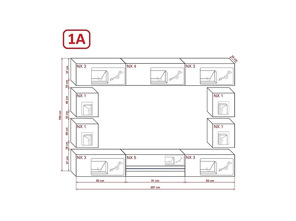 Ensemble meuble TV CONCEPT C81-18W-HG2-1A noir brillant 257 cm