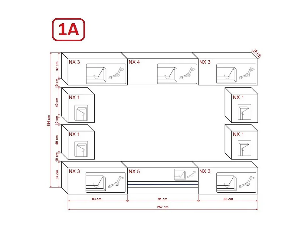 Ensemble meuble TV CONCEPT C81-18W-HG2-1A noir brillant 257 cm