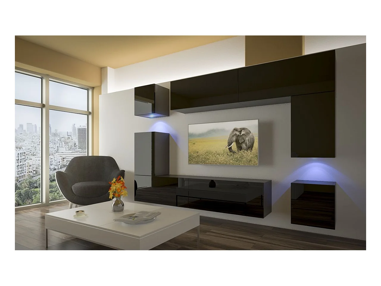 Ensemble meuble TV NEXT 5 AN5-17B-HG20-1B noir brillant 256 cm