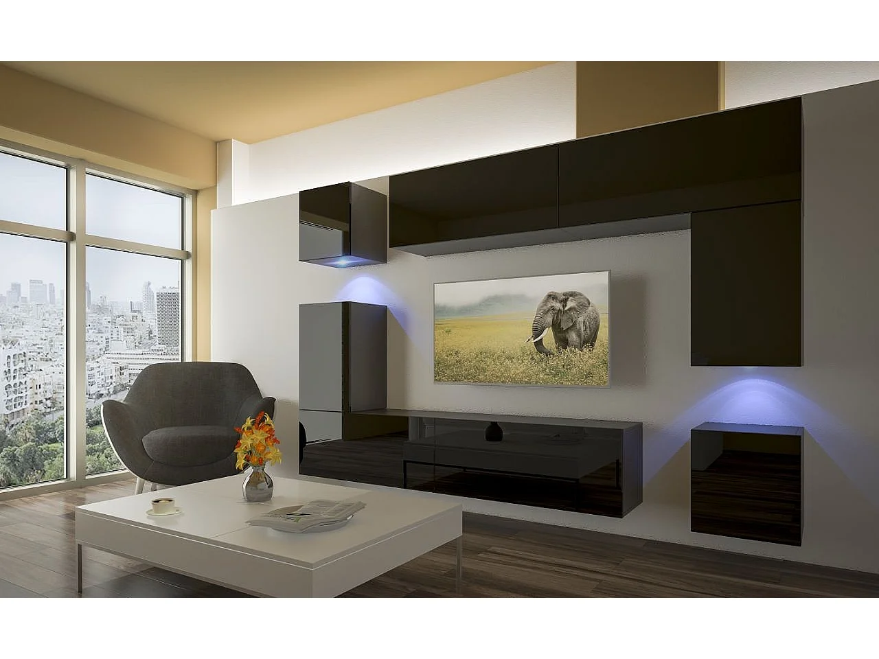 Ensemble meuble TV NEXT 5 AN5-17B-HG20-1B noir brillant 256 cm