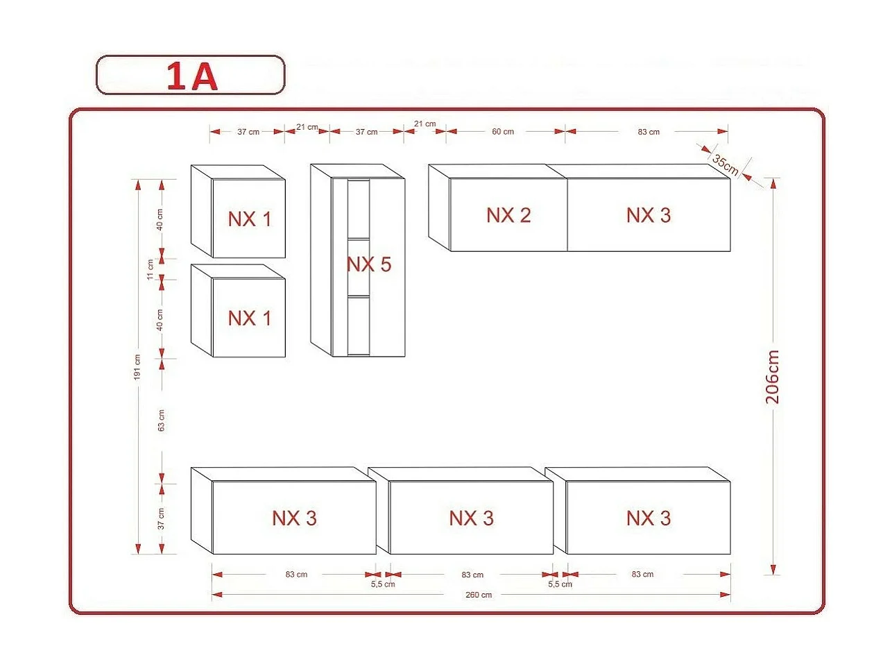 Ensemble meuble TV NEXT 280 AN280-17BW-HG23-1A noir-blanc brillant 260 cm