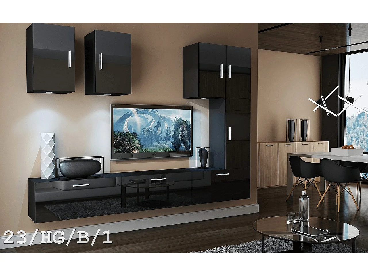 Ensemble meuble TV CONCEPT 23-23-HG-B-1 noir brillant 249 cm