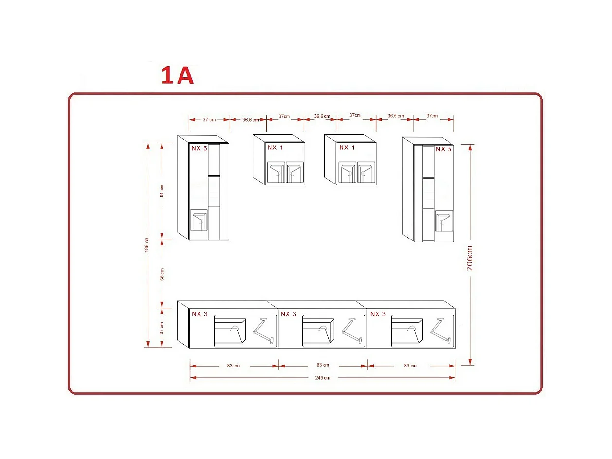 Ensemble meuble TV NEXT 291 AN291-17B-HG20-1A noir brillant 249 cm