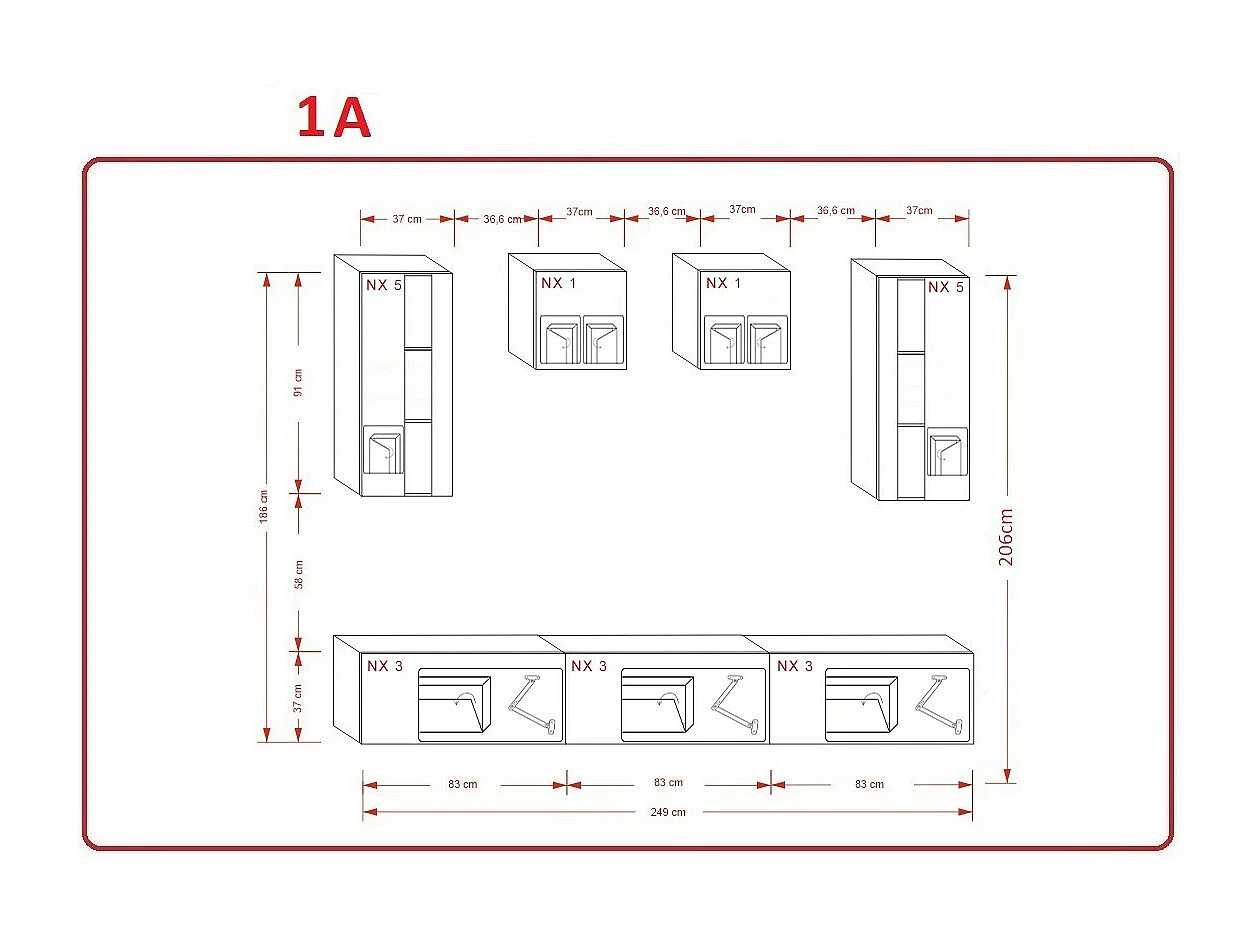Ensemble meuble TV NEXT 291 AN291-17B-HG20-1A noir brillant 249 cm