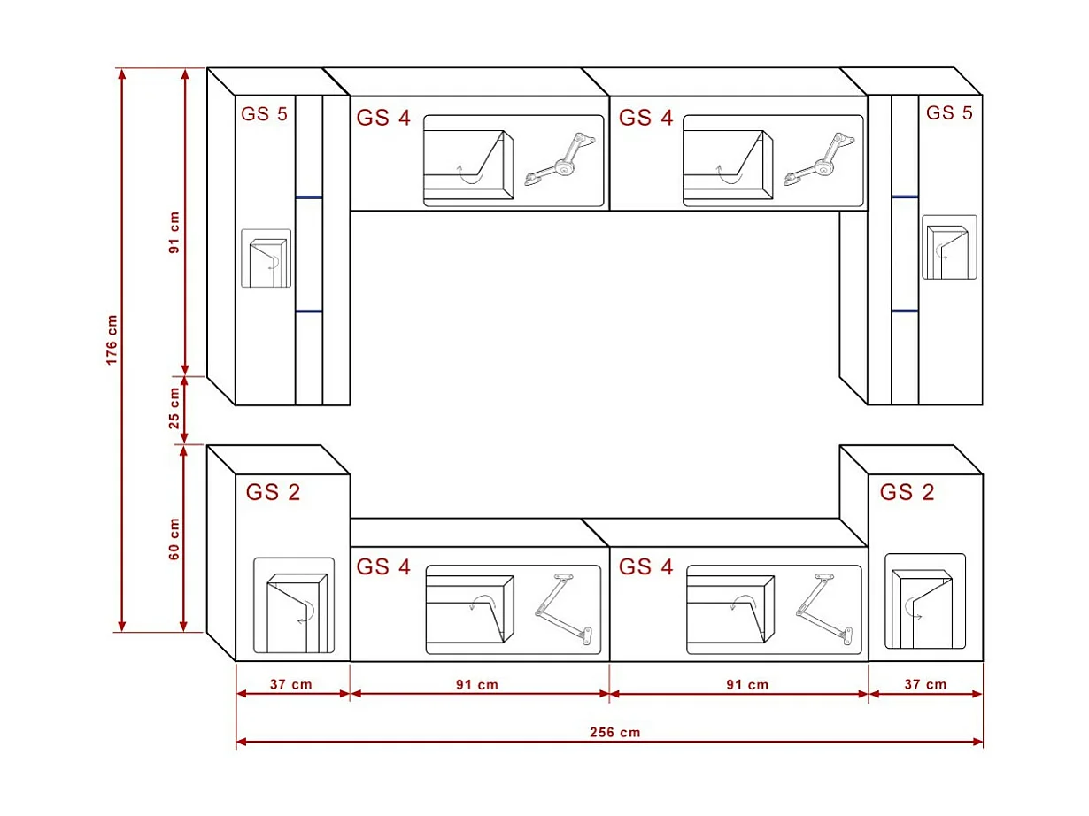 Ensemble meuble TV CONCEPT 24-24-HG-B-1-1B noir brillant 256 cm