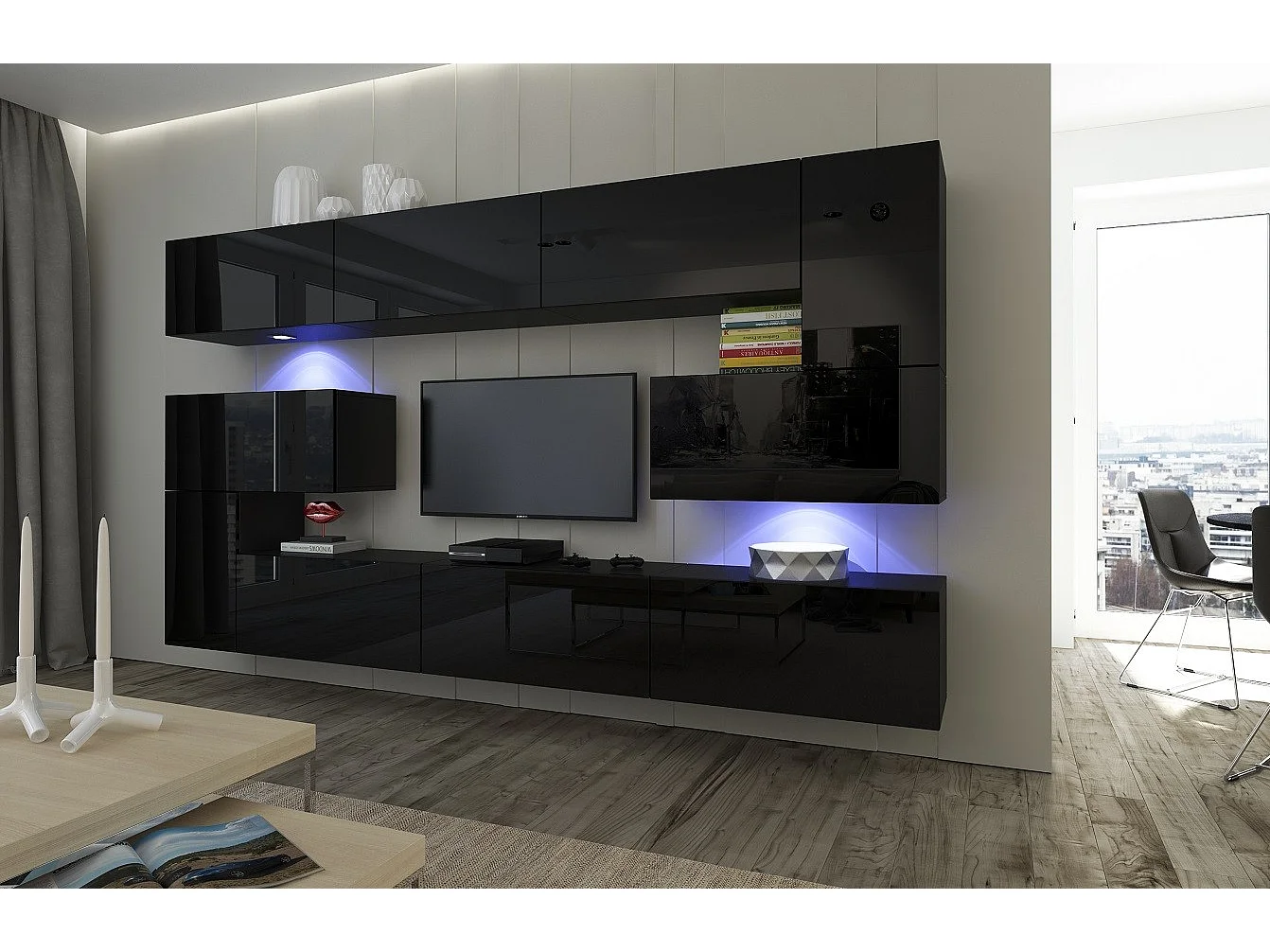 Ensemble meuble TV NEXT 3 AN3-17B-HG20-1A noir brillant 263 cm