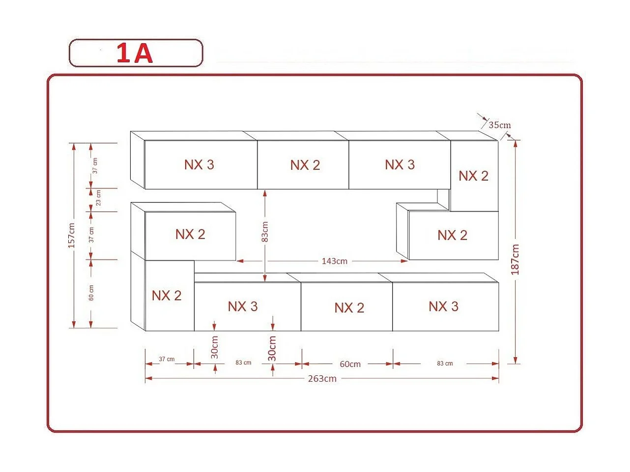 Ensemble meuble TV NEXT 3 AN3-17B-HG20-1A noir brillant 263 cm