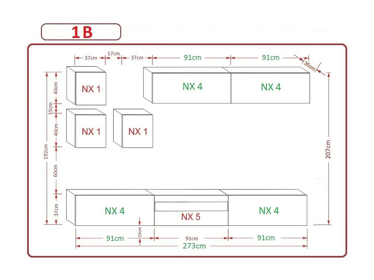 Ensemble meuble TV NEXT 277 AN277-17BW-HG30-1B blanc-noir brillant 273 cm