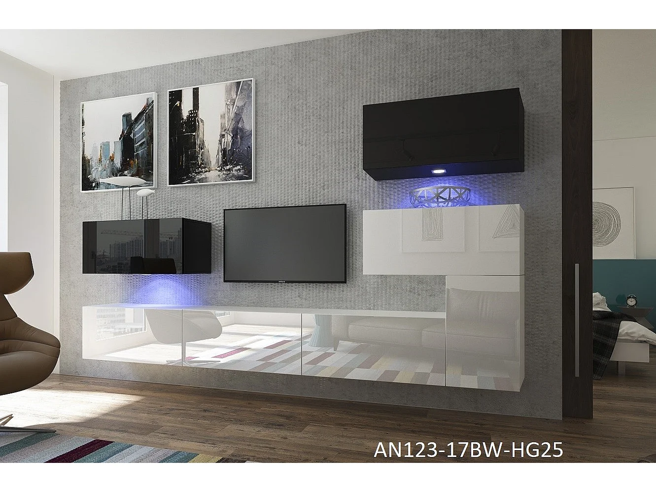 Ensemble meuble TV NEXT 123 AN123-17BW-HG25-1B blanc-noir brillant 302 cm - Eclairage leds: Bleu