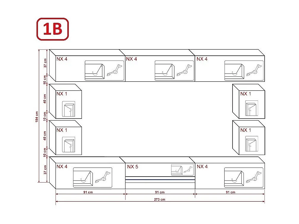 Ensemble meuble TV CONCEPT C81-18W-HG2-1B blanc brillant 273 cm