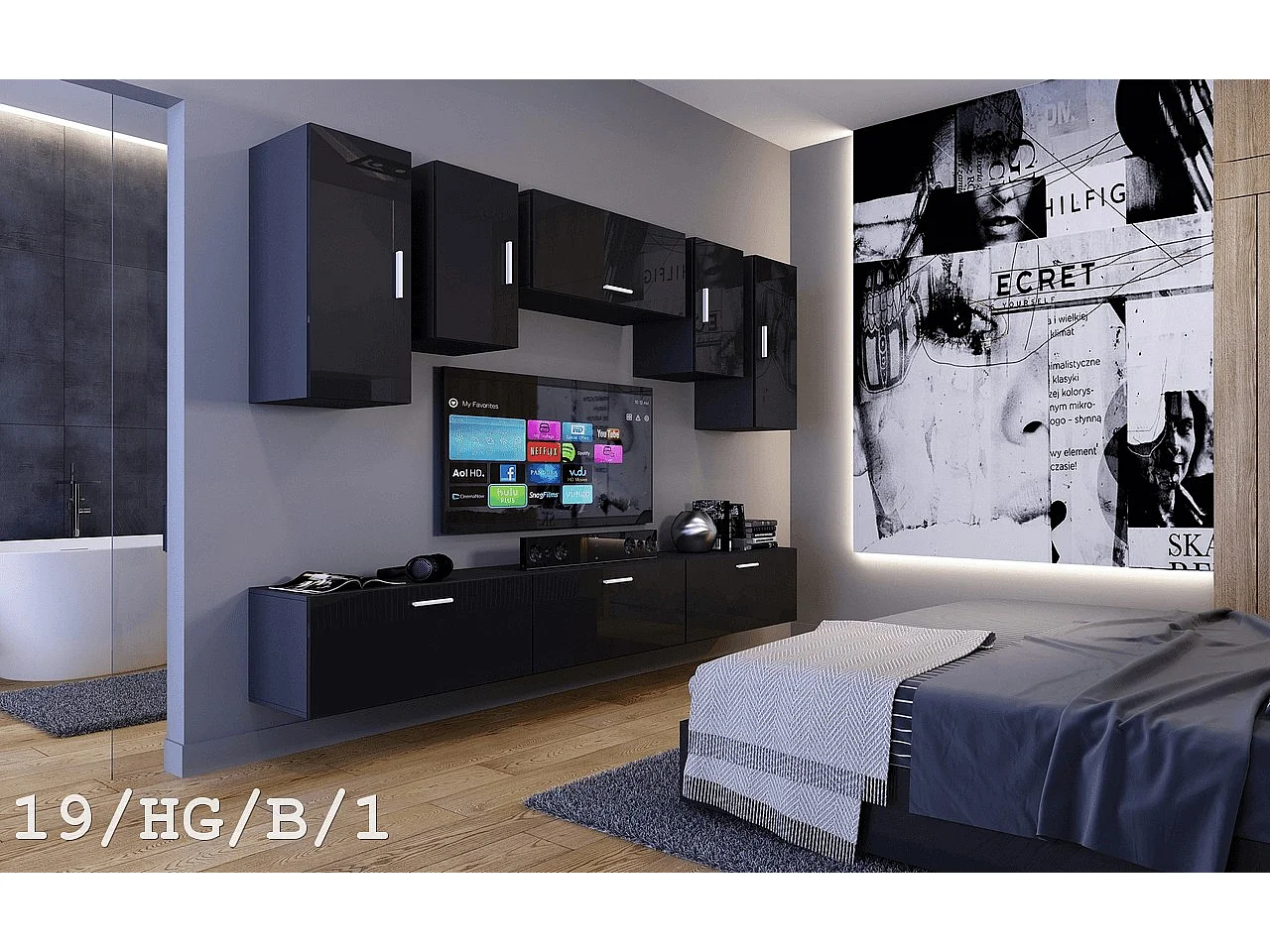 Ensemble meuble TV CONCEPT 19-HG-B-1-1B noir brillant 276 cm
