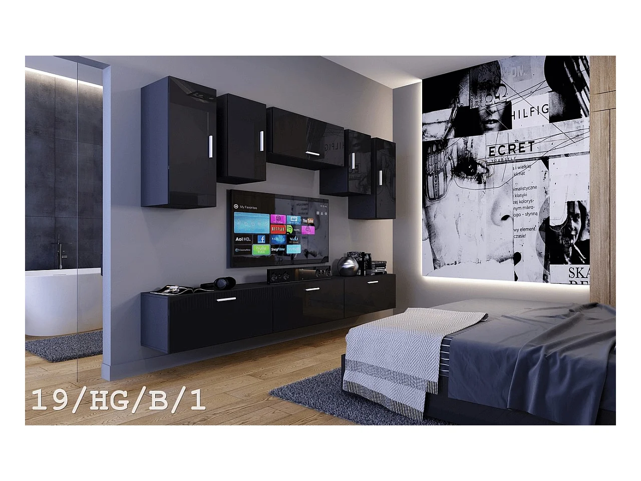 Ensemble meuble TV CONCEPT 19-HG-B-1-1B noir brillant 276 cm