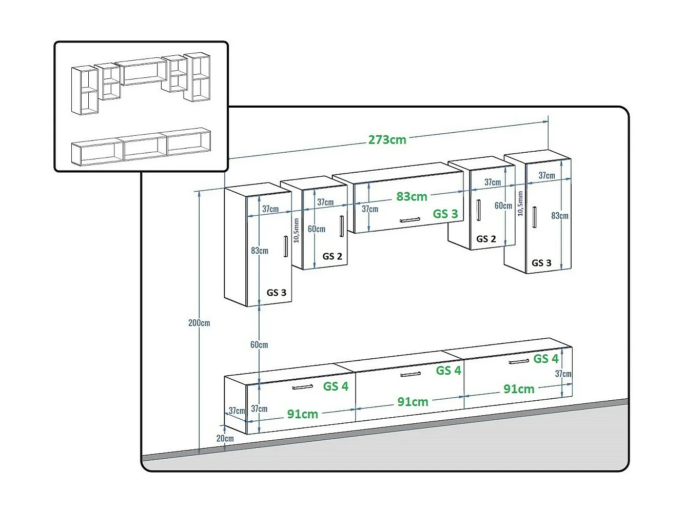 Ensemble meuble TV CONCEPT 19-HG-B-1-1B noir brillant 276 cm