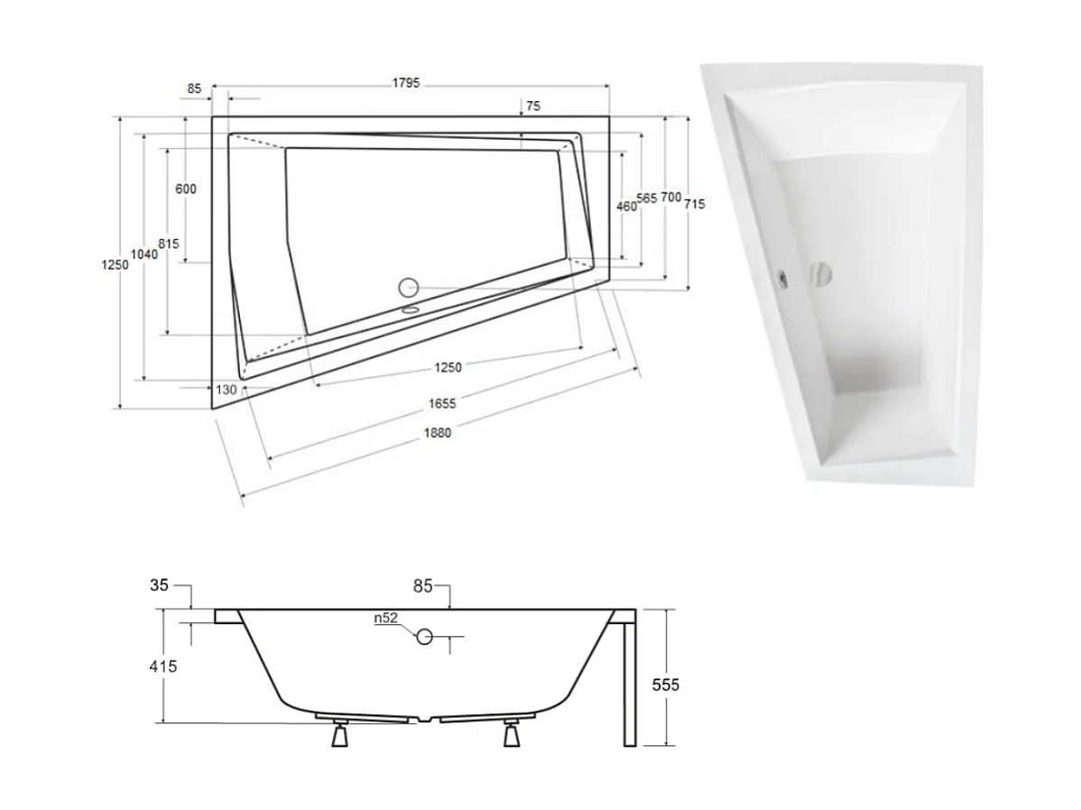 Baignoire d'angle Gauche INTIMA DUO en 170 ou 180 cm - Dimensions: 180cm
