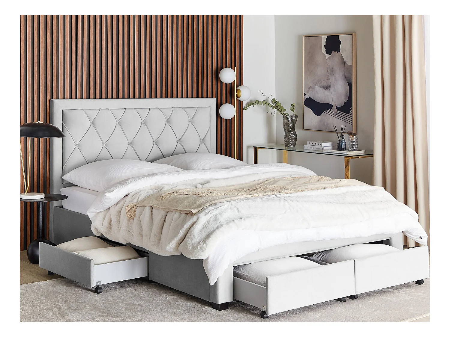 Lit avec tiroirs de rangement Velours LIEVIN 160 x 200 cm Gris clair