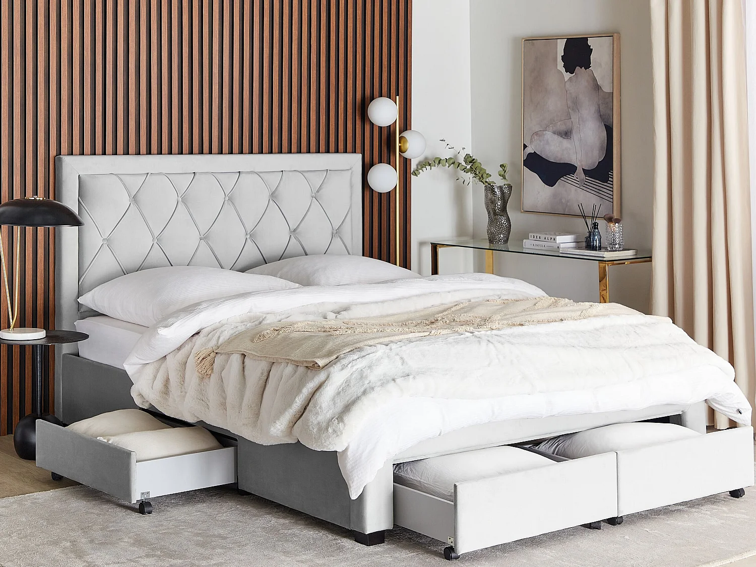 Bed met opbergladen Fluweel LIEVIN 160 x 200 cm Lichtgrijs