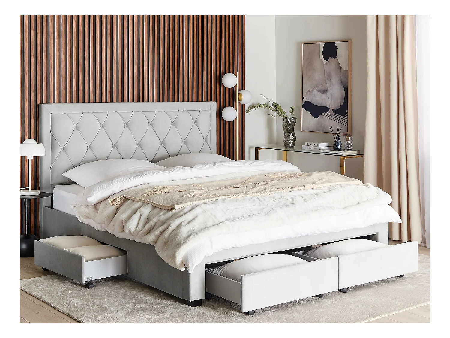 Lit avec tiroirs de rangement Velours LIEVIN 180 x 200 cm Gris clair